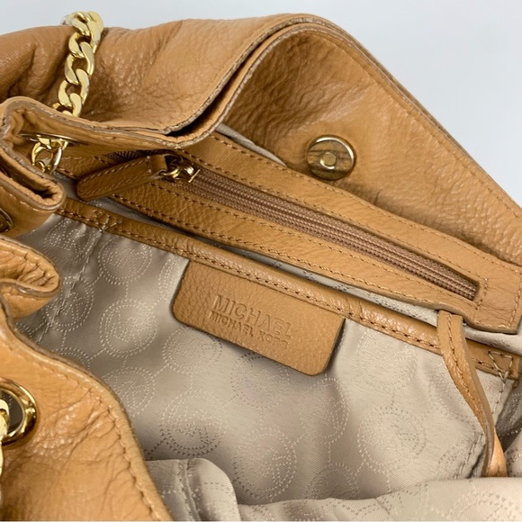 Michael Kors Gold Chain Jet Set Drawstring Tan Brown Leather Satchel Purse - Picture 10 of 12